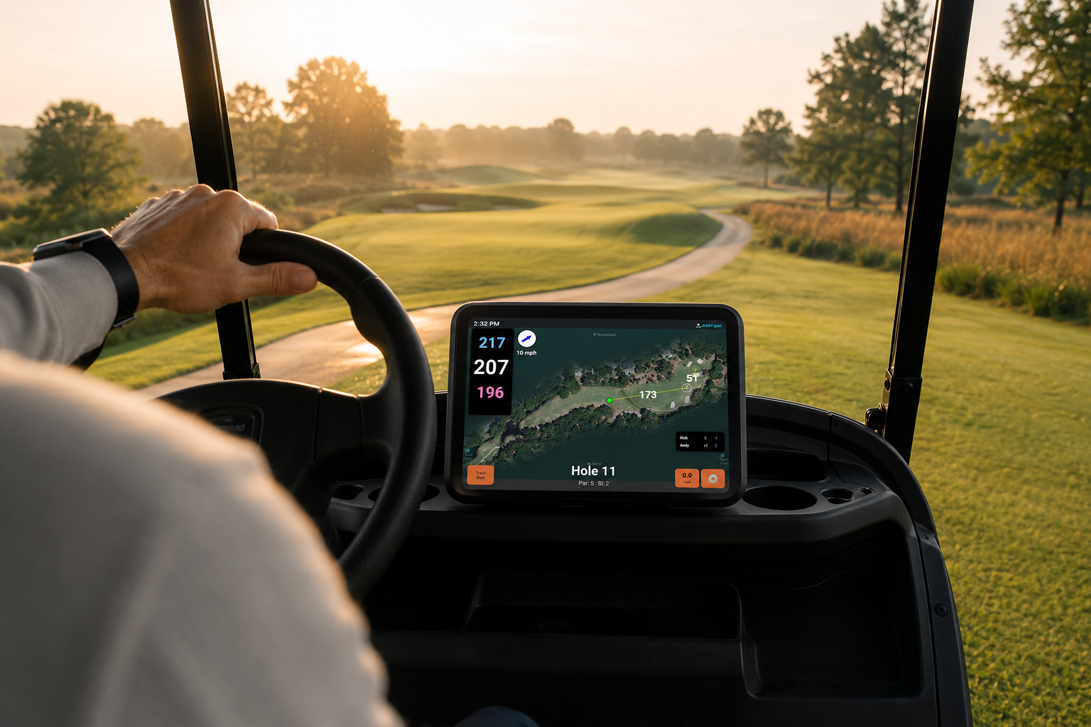A golf cart overlooking a sunlit fairway with Aimy running on its center display