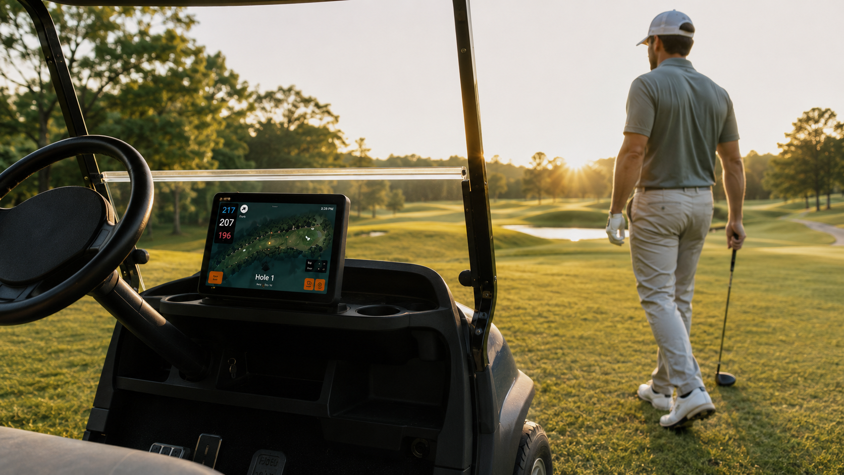 A golfer walking toward the fairway beside a cart equipped with an Aimy display