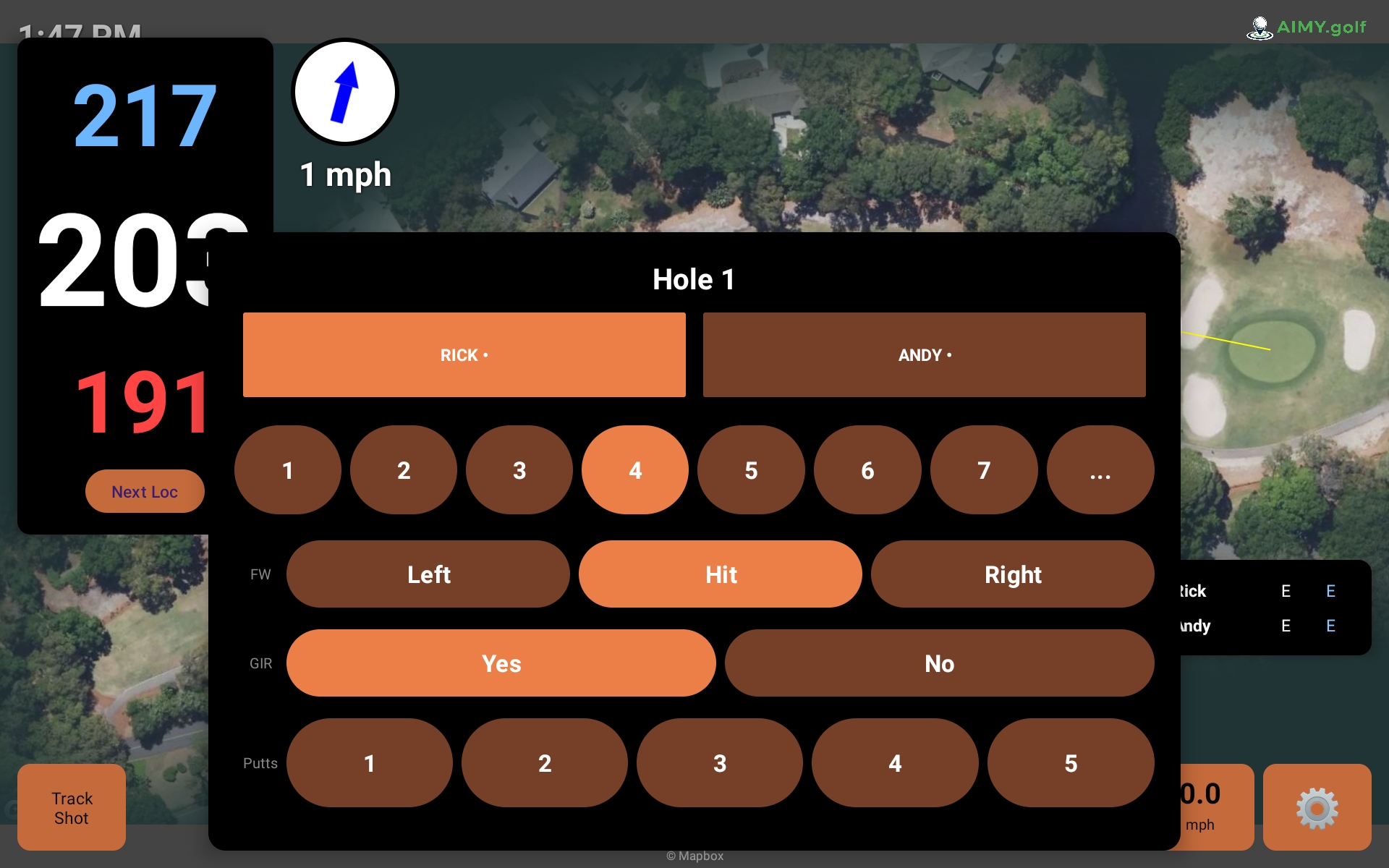 Aimy score entry controls shown over the live hole map