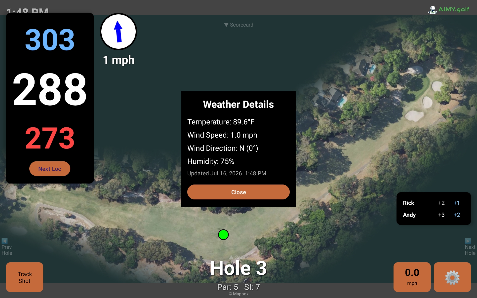 Aimy live map with wind direction, wind speed, temperature, and humidity details