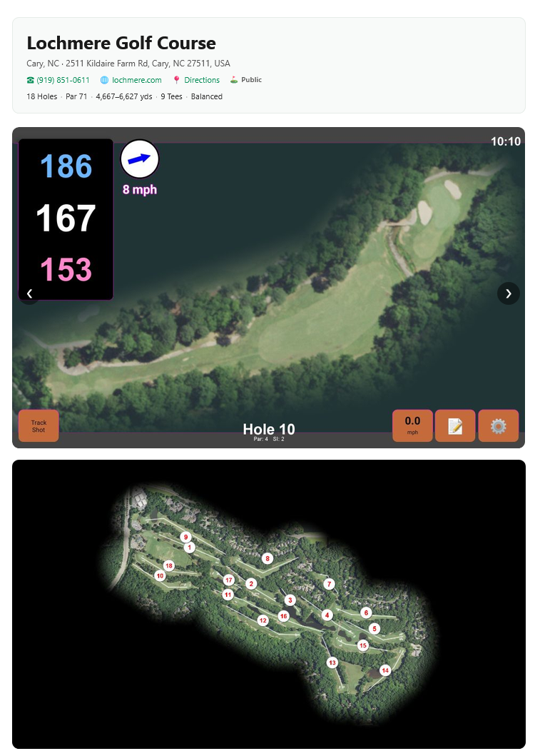 Aimy course page for Lochmere Golf Club showing hole preview, about section, and interactive course map