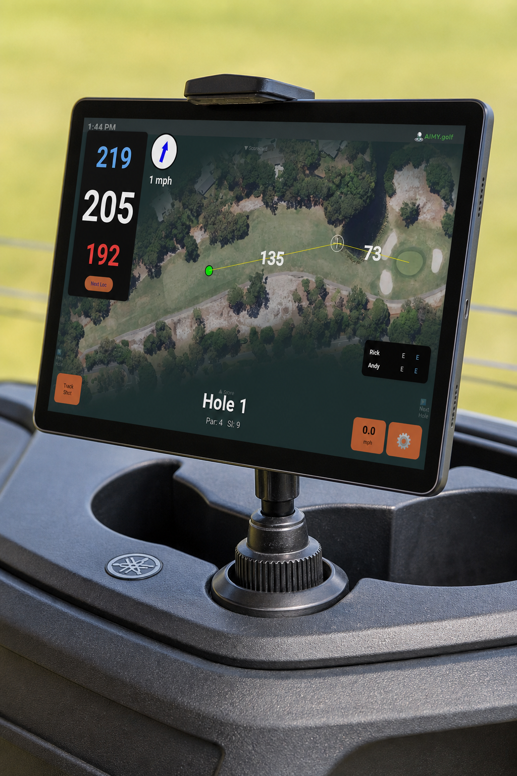 Aimy running on a tablet secured in an APP2CAR cupholder mount